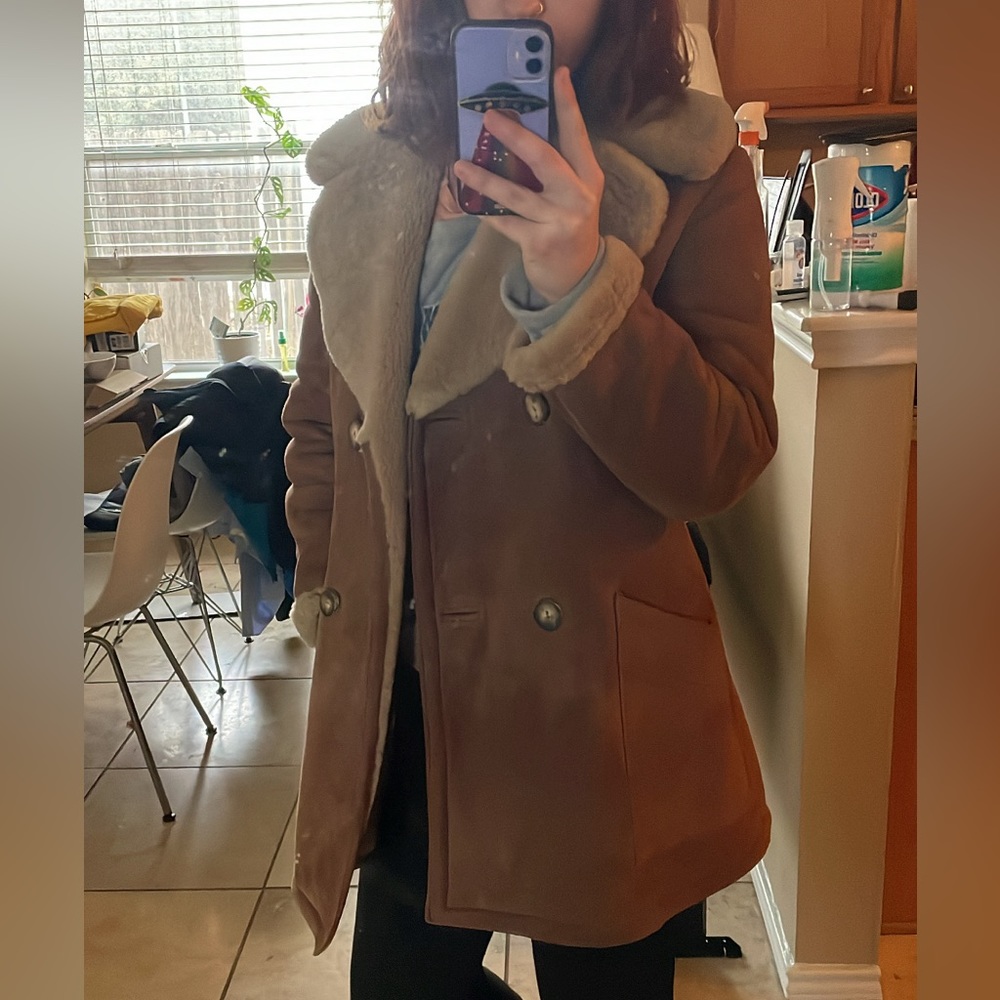Sawyer of Napa Tan Suede Shearling Collar and Lined Hip Length Coat